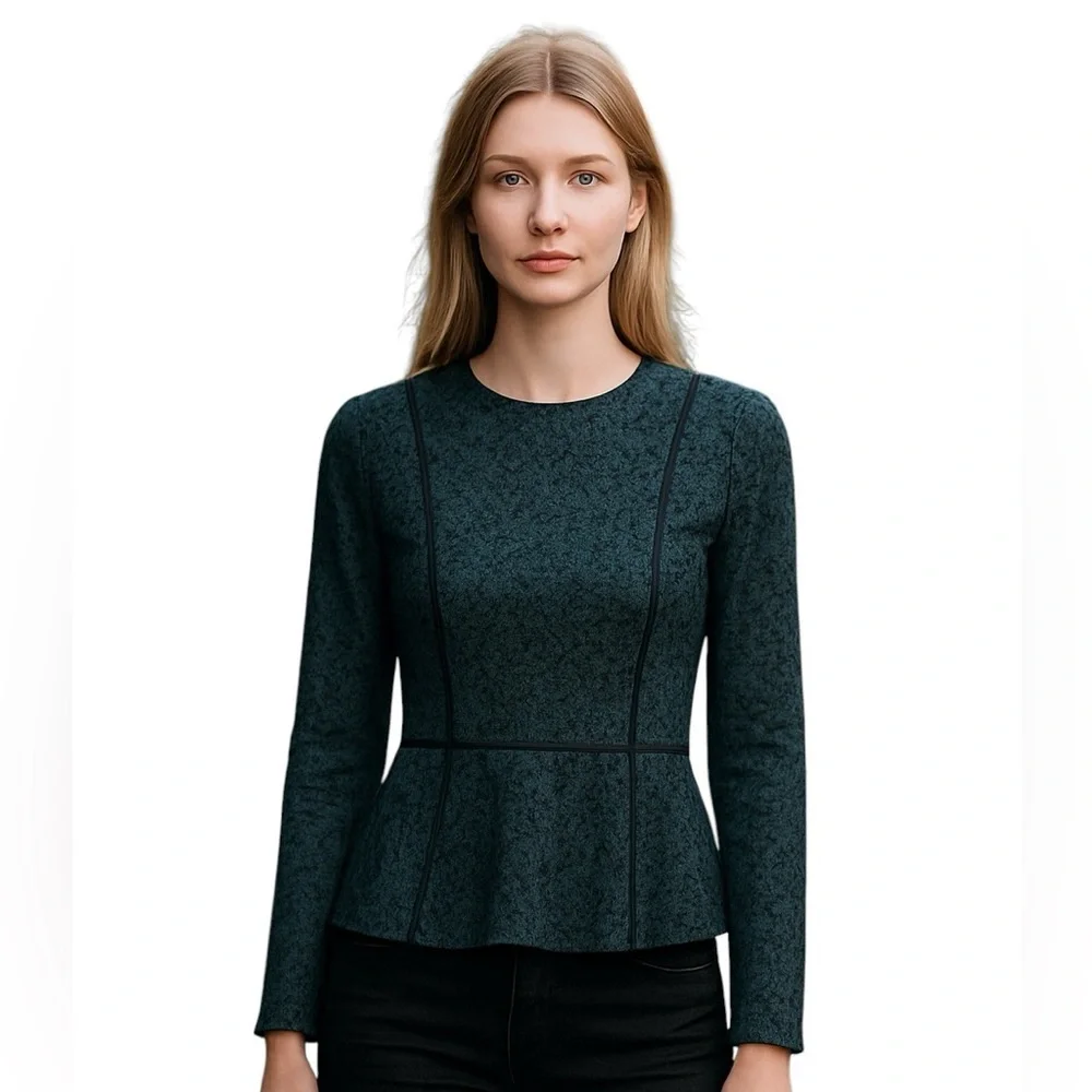 Malene Birger Green Black Lace Long Sleeve Peplum Blouse Vintage Chic Top 2